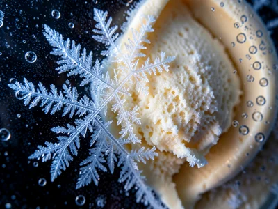 Macro of ice cream just churned, showing tiny ice crystal matrix in creamy base