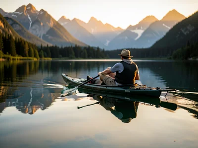 Kayak on a glassy mountain lake at dawn, perfect reflection, paddler resting