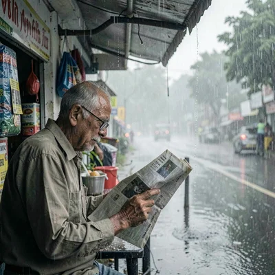 Monsoon season photograph, heavy rain atmosphere, An elderly man reading a newsp