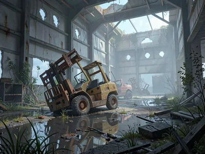 Warehouse interior with overturned forklift skeleton among ferrous puddles and p