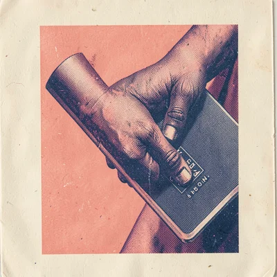 Bram-screenpress two-color riso of a halftone hand grabbing a halftone deck in c