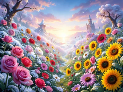 Garden where every flower is a different season simultaneously, snow roses next 