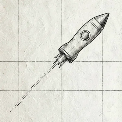 Editorial infographic of a stylised rocket trajectory arcing across cream paper