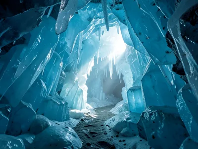 Ice cave interior, translucent blue crystal walls, sunlight filtering through