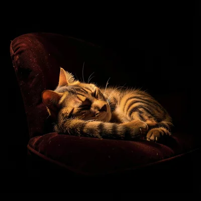 A sleeping cat on a velvet chair, one patch of warm light from an unseen lamp il
