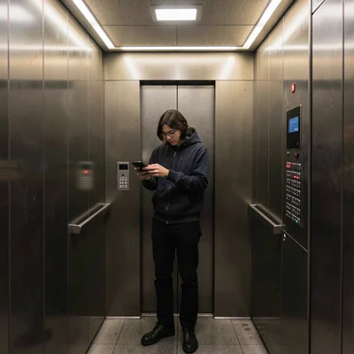 Person checking phone alone in an empty elevator
