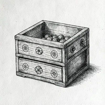 Square illustration of a wooden seed-storage box with drawers labeled with symbo
