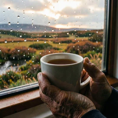 Connemara bog light, Atlantic silver, Tea in white mug held by weathered hands, 