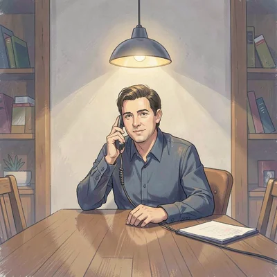 Warm lamp-line portrait of a grants director on a phone call at a long table, si