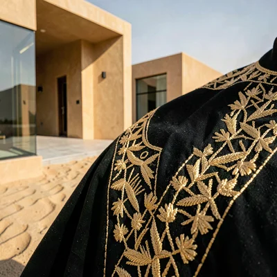 Contemporary Gulf photograph with heritage contrasts, Close-up of abaya embroide