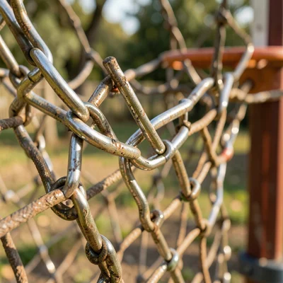 A basketball hoop's chain net, each link polished at the contact points, some li