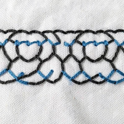 Chain stitch close-up — individual loops of black thread in C-curve motif on whi