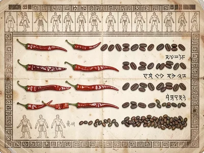 Dried chili peppers, cocoa beans, and pumpkin seeds arranged in sequential rows,