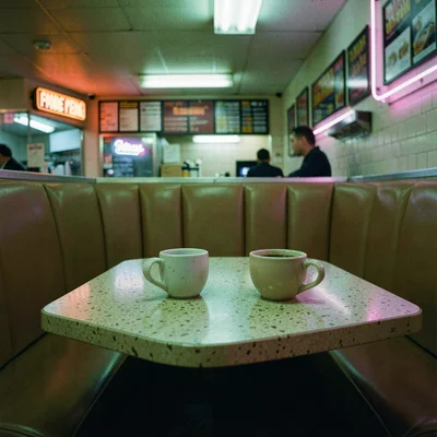 Two coffee cups on formica diner table