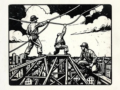 Three workers on steel girders high above a city skyline, one standing with arms