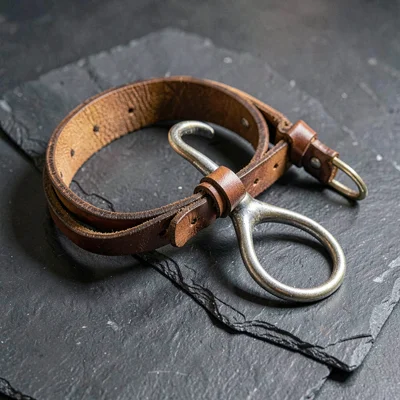 Mineralcut study of a leather bridle and bit on slate, hard graphic light