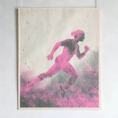 Bram-screenpress poster of a halftone running figure silhouette in pink and slat
