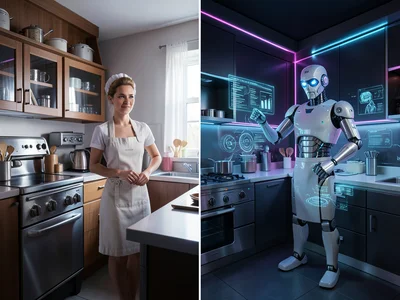 Kitchen scene — left half 1950s housewife appliances, right half robot-chef kitc