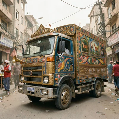 Elaborate decoration surviving dusty Lahore streets, Truck horn being installed,
