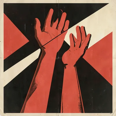 Soviet constructivist poster illustration, hands reaching upward in unity , bold