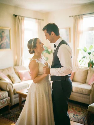 Couple slow dancing in living room