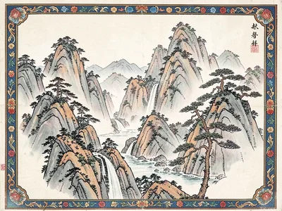 Mountain landscape with waterfalls, stylized crags, and a lone pine