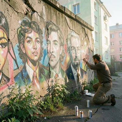 Post-Soviet urban photography, Graffiti art on a crumbling concrete wall showing