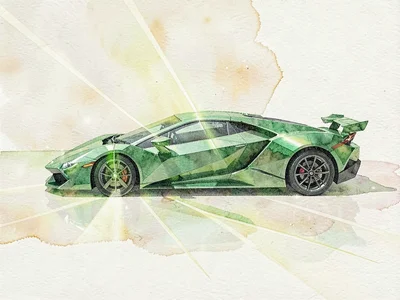 Emerald-glass faceted lowpoly sports car frozen in profile with sharp green plan
