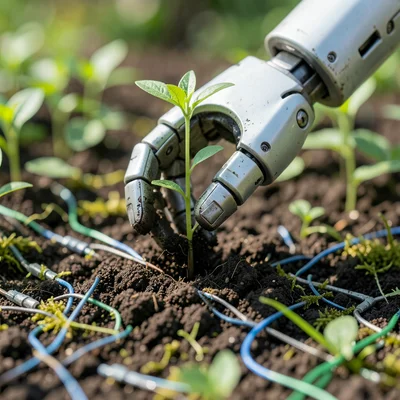 Robot hand planting seedling, mechanical precision, organic life, soil and circu