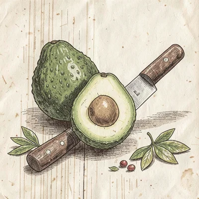 Artisan food packaging illustration, Avocado halved with rustic knife , farm-to-