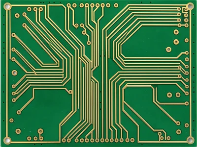 A power supply PCB with wide copper traces for high current paths creating bold 