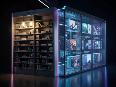 Library — left half card catalog and gas lamps, right half holographic book disp