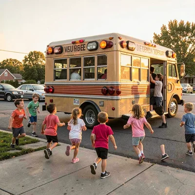 Ice cream truck at golden hour, children running toward