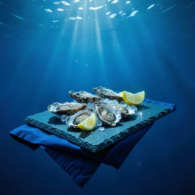Deep oceanic blue saturation, light filtering through density, Fresh oysters on 