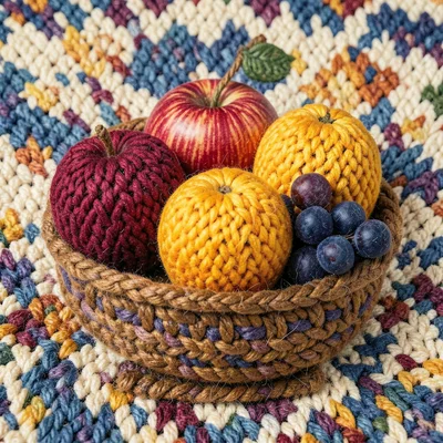 A bowl of fruit — apples, oranges, grapes — each fruit a tight sphere of colored