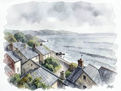 A coastal village in the rain, the colors muted and bleeding, rooftops in slate 