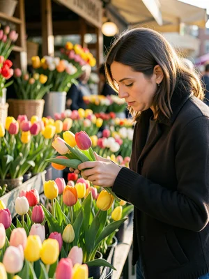 Woman smelling a bouquet of fresh tulips at a flower stall, warm afternoon light