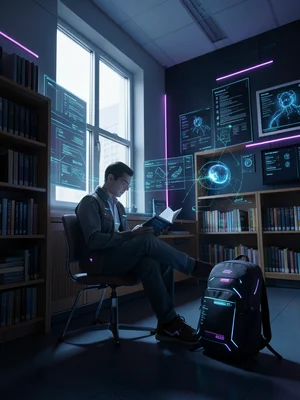 Person reading book in school library, backpack on floor beside, window light