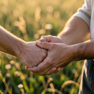 Couple's hands intertwined, macro, golden hour light on skin, out of focus meado