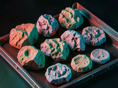 A geological rock sample collection on a tray, each specimen's surface texture r