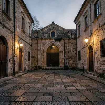 Atmospheric photo of a historic church courtyard at dusk with worn flagstones an