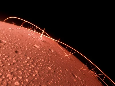 Solar prominence loop arcing off the limb, magnetic field lines visible as glowi