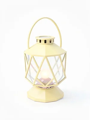 Tiny butter-yellow lowpoly lantern with a faceted glass cage and triangulated ha