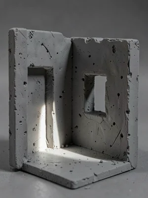 Brutalist chapel miniature with deep recessed window slots punched through thick