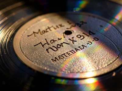 Matrix number hand-etched in run-out area, handwritten text carved into master d