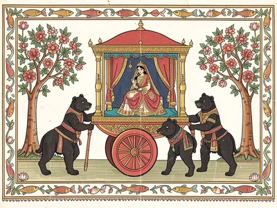 Wedding palanquin carried by four bearers, bride inside, flowering trees on eith
