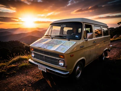 Vintage van parked at scenic overlook, map spread on hood, sunset