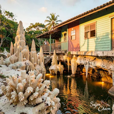 Chattel house colors in Barbados afternoon light, Harrison Cave stalactites, gol