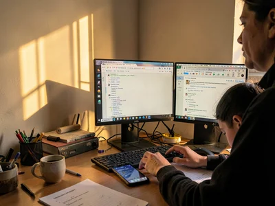 Desk at golden hour, work untouched, someone watching light move across wall