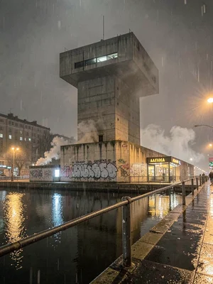 Rainy brutalist monument